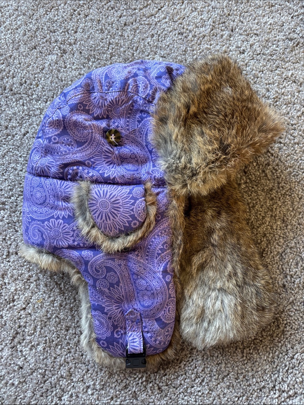 Mad Bimber Purple Paisley Real Fur Trapper Hat for Kids